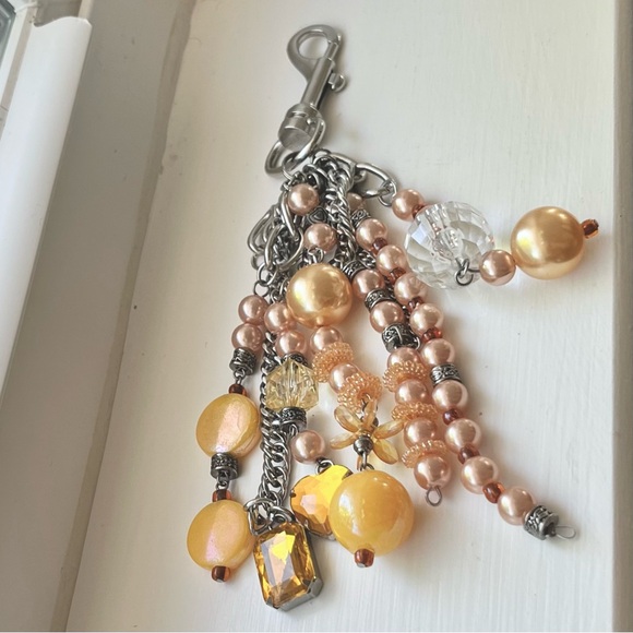 Bag Charm Keyring Yellow Gold Peach Beads Stones Silver Chains With Dust Bag - Picture 3 of 3